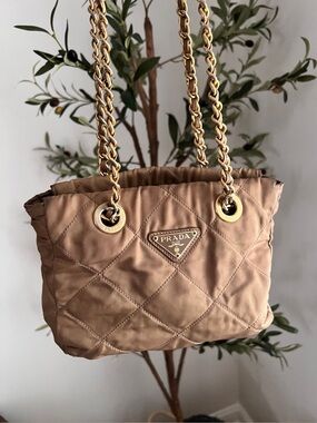 Prada Quilted Nylon Shoulder Bag in Tan with Gold Hardware